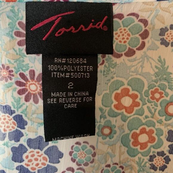 Torrid Top Women's Size 2 Floral Peasant Open Flowy Sleeve Semi-Sheer - Picture 3 of 6